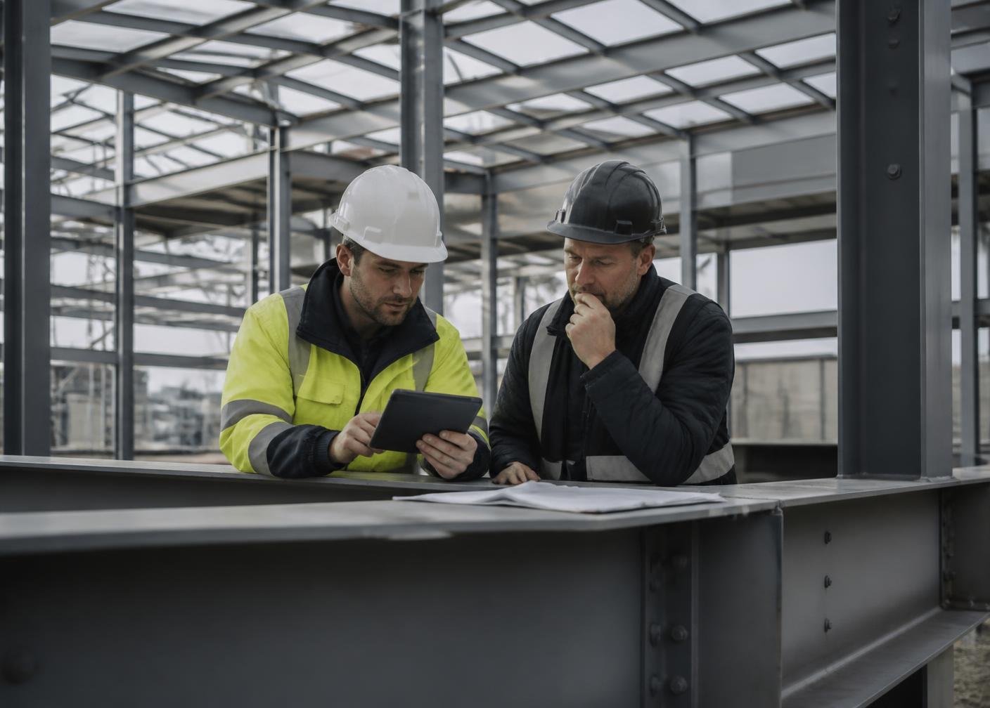 Two construction professionals reviewing project documents on site
